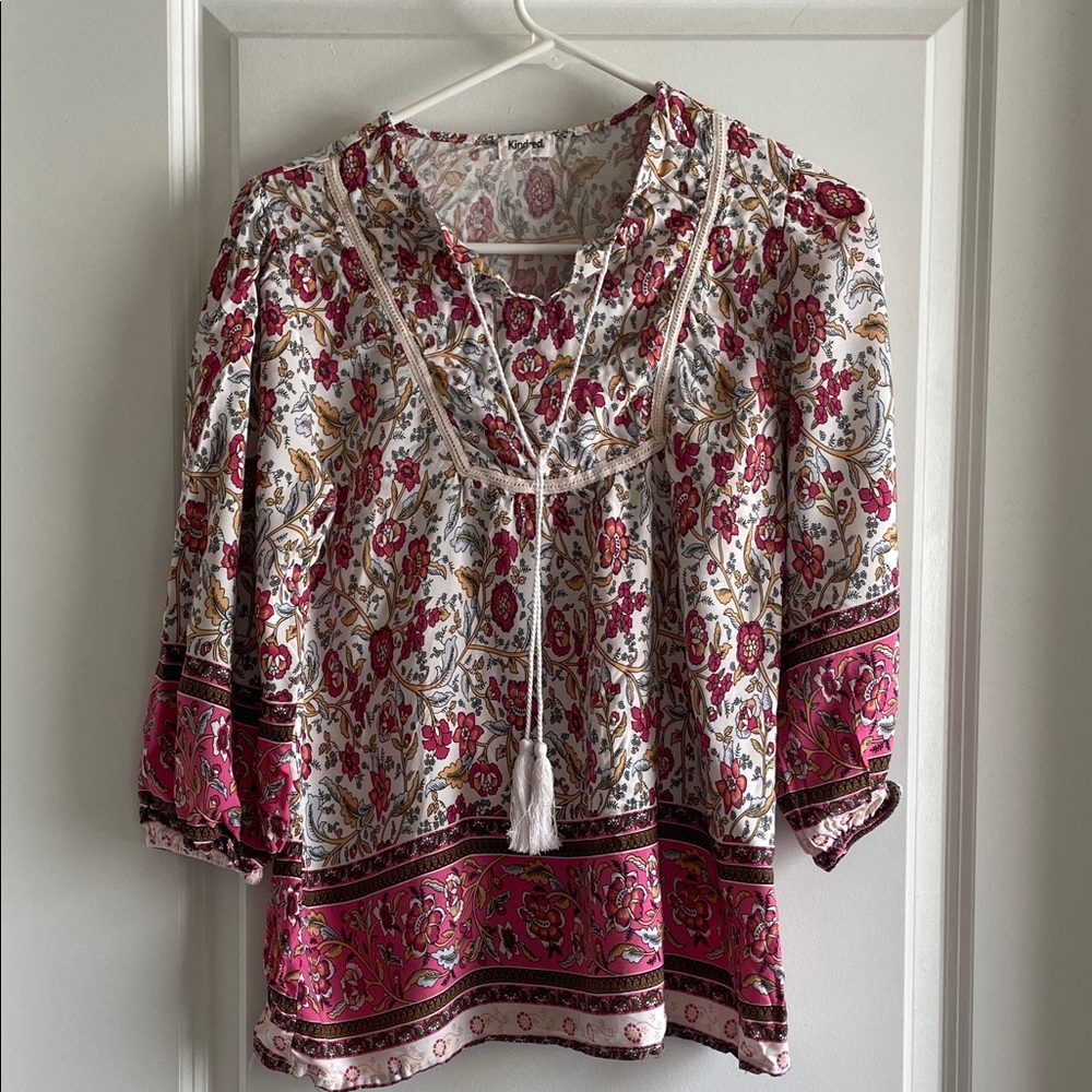 Boho Peasant blouse Floral Women's - Pink and Cream